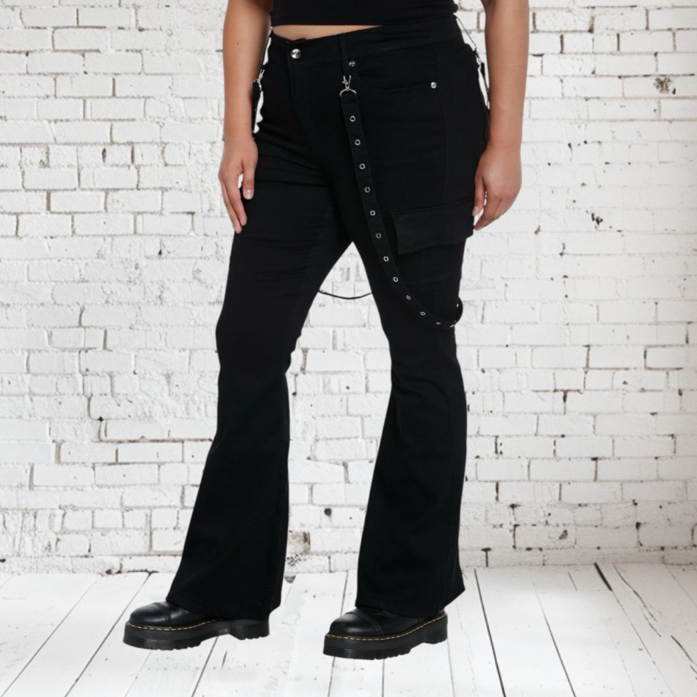 HOT TOPIC ¥ SOCIAL COLLISION Black Grommet Suspender Flare Pants ~ NWOT